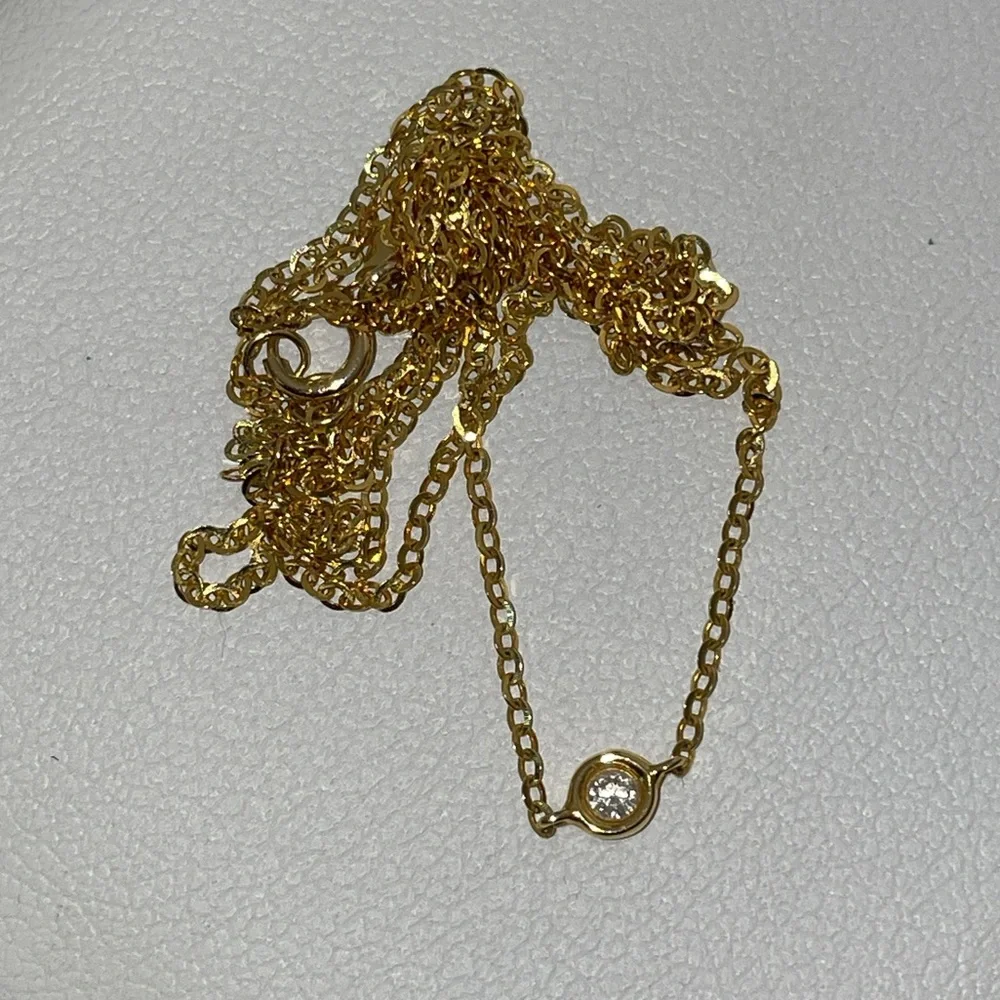 Solid 14K Yellow Gold Natural Diamond Solitaire XS Bezel Necklace Minimalist - Picture 2 of 13